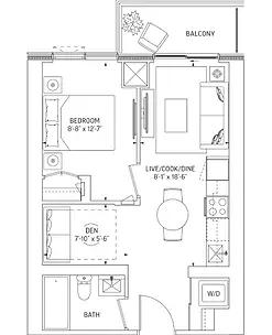 Q Tower Toronto 1 Bedroom + Den Floor Plan – 465 Sq.Ft. with 71 Sq.Ft. Balcony, perfect for young professionals and investors