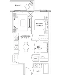 Q Tower 1 Bedroom + Flex Floor Plan – 532 Sq.Ft. with 71 Sq.Ft. Balcony, offering a flexible living space in a luxury pre-con