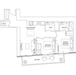 Q Tower Toronto 2 Bedroom Floor Plan – 737 Sq.Ft. with 89 Sq.Ft. Outdoor Space, ideal for spacious urban living