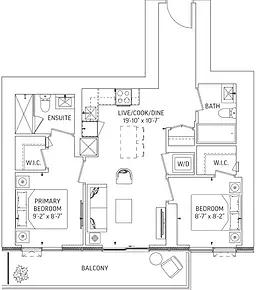 Q Tower 2 Bedroom Floor Plan – 756 Sq.Ft. with 69 Sq.Ft. Balcony, featuring open-concept layouts and luxury finishes