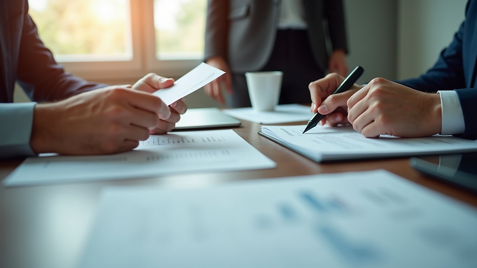 Eye-level view of a business meeting with two people discussing documents
