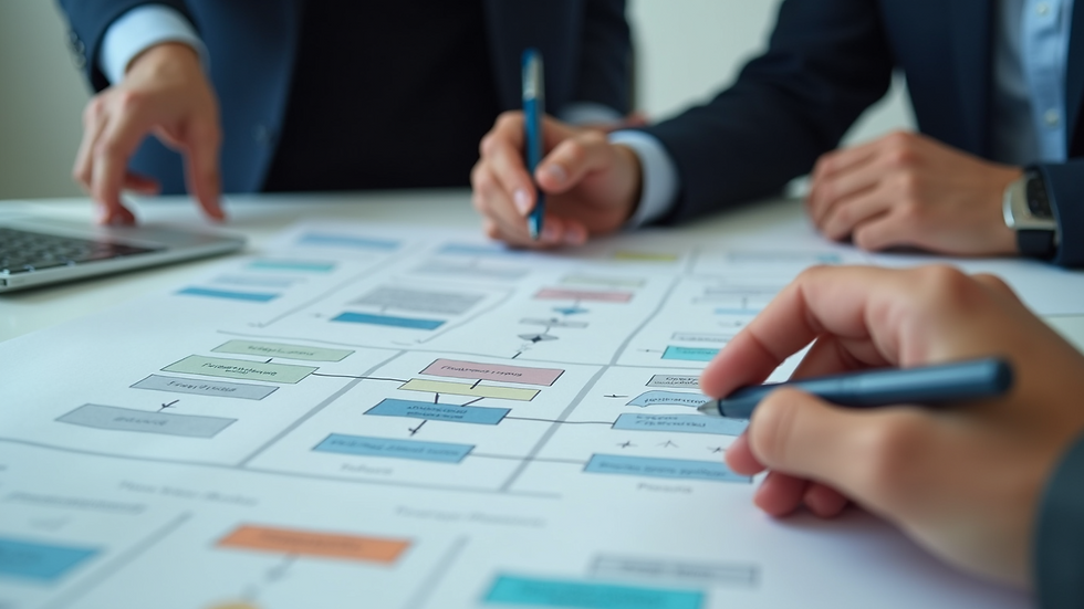 Close-up view of a consultant reviewing a business process map with a client