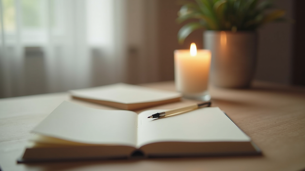 Eye-level view of a serene workspace with a journal and candle