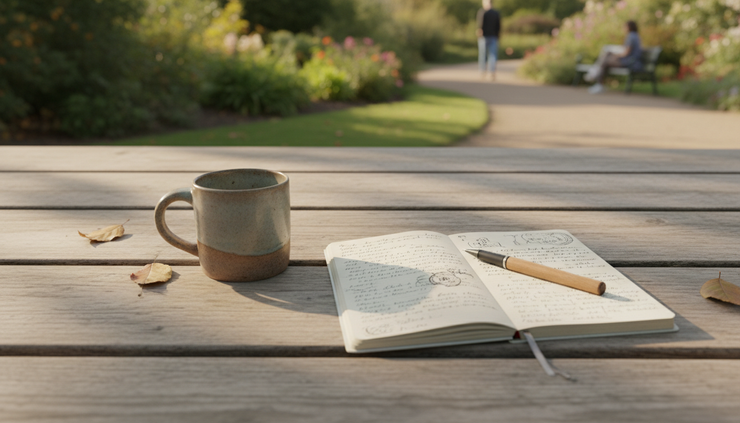 Overhead view of a single ceramic mug beside an open notebook on a wooden picnic table.