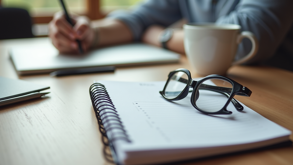 Close-up view of a desk with a planner, glasses, and a cup of coffee