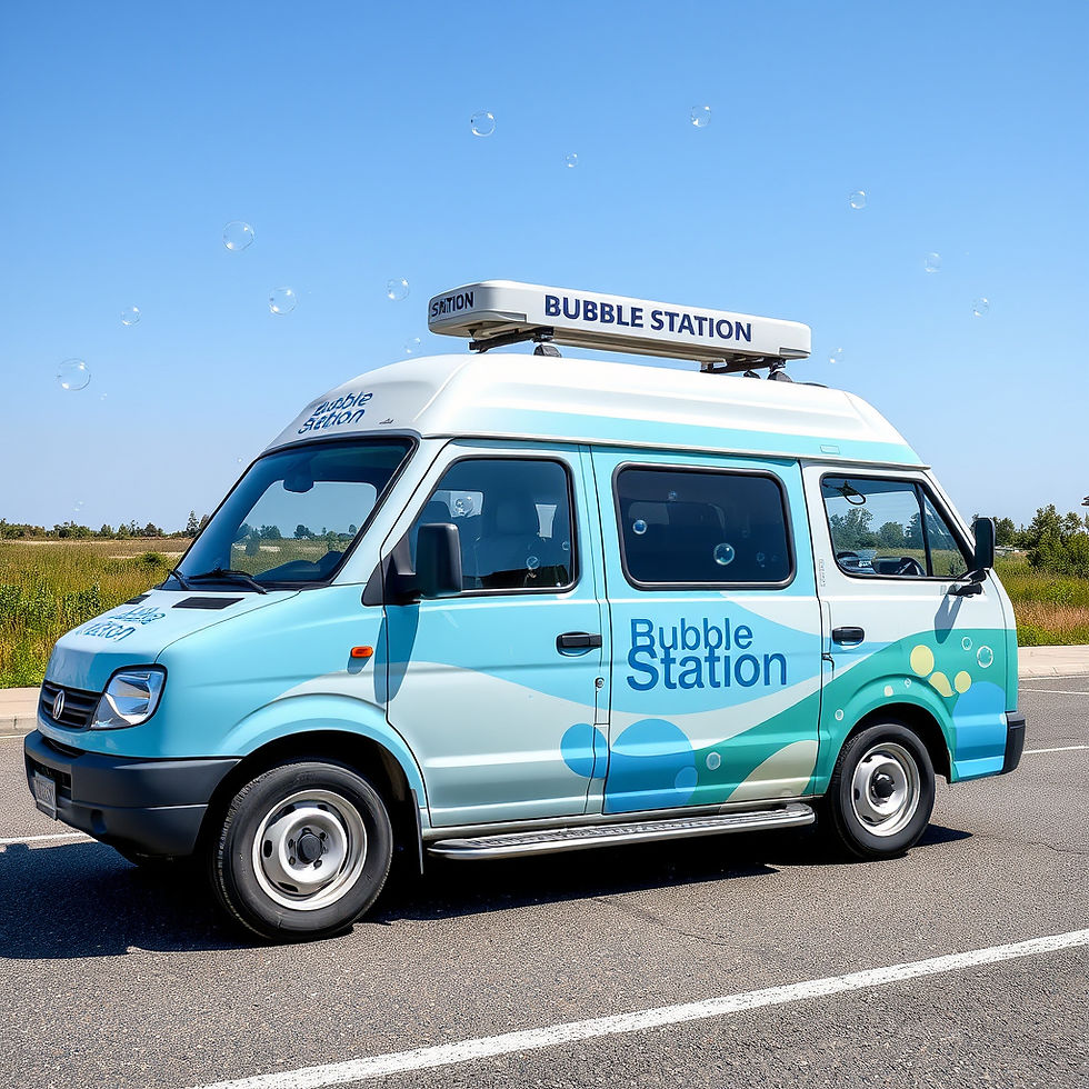 Delivery van with _Bubble Station_ written, and blue bubbles all over.jpg