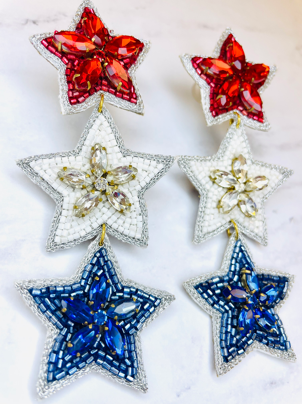 Thumbnail: Red White Blue Star Beaded Earrings 
