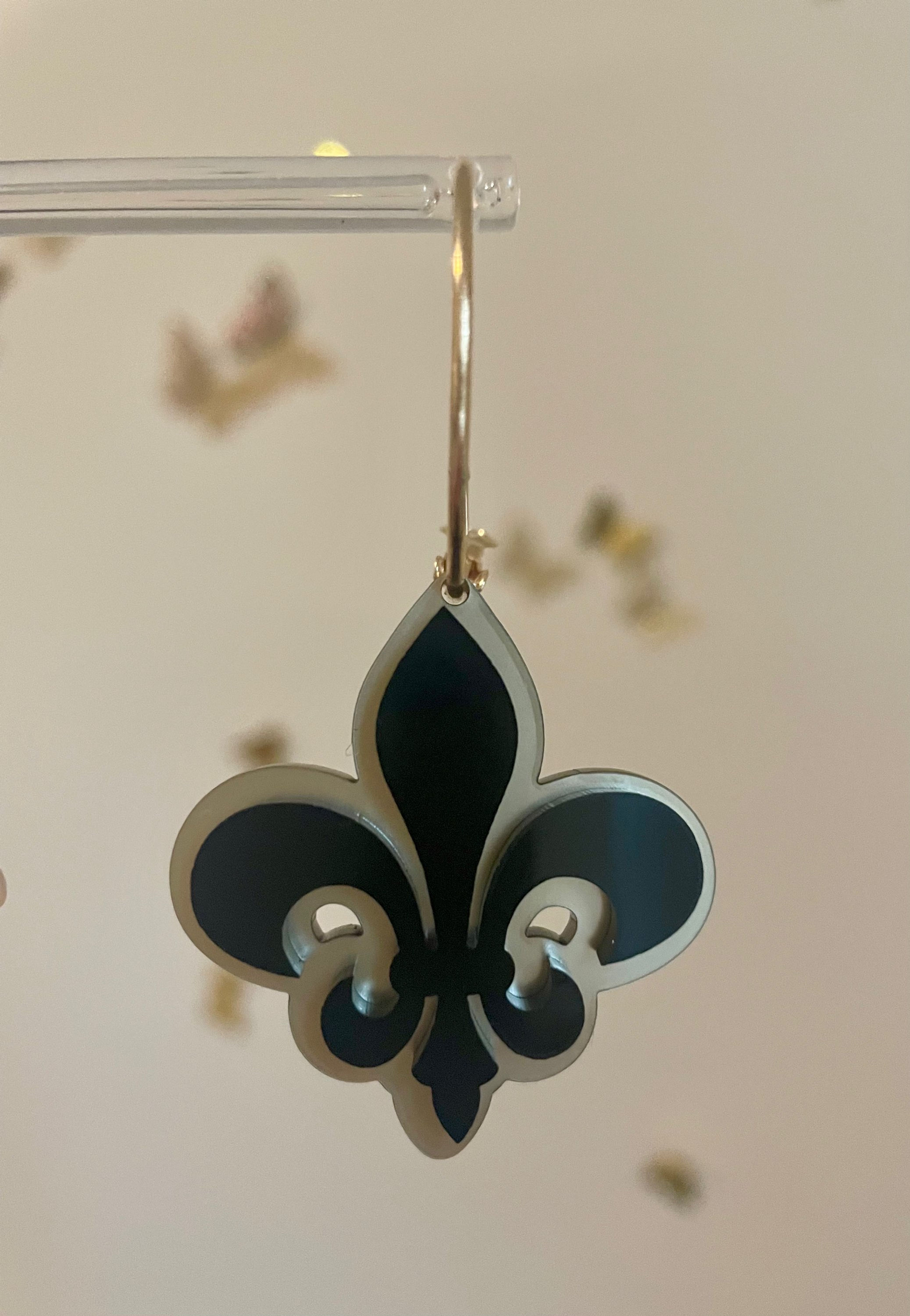 Acrylic Gold & Black Fleur De Lis Earrings