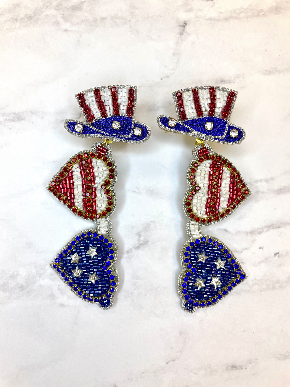 Thumbnail: Red White Blue Sunglasses Beaded Earrings 