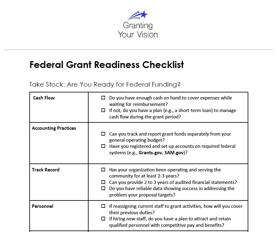 Thumbnail: Partial screenshot of a readiness checklist for planning school grant applications