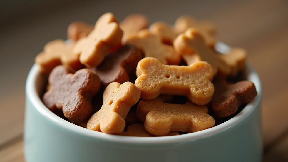 Close-up view of a bowl filled with assorted dog treats