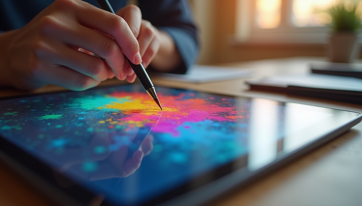 Close-up view of a digital tablet displaying a colorful digital painting in progress
