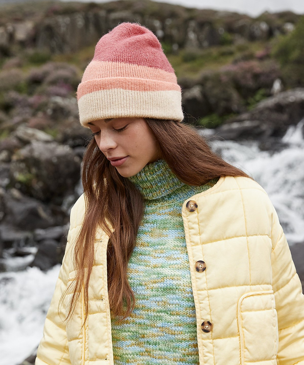 Thumbnail: Soft wave beanie three tone cute autumnal cuffed beanie