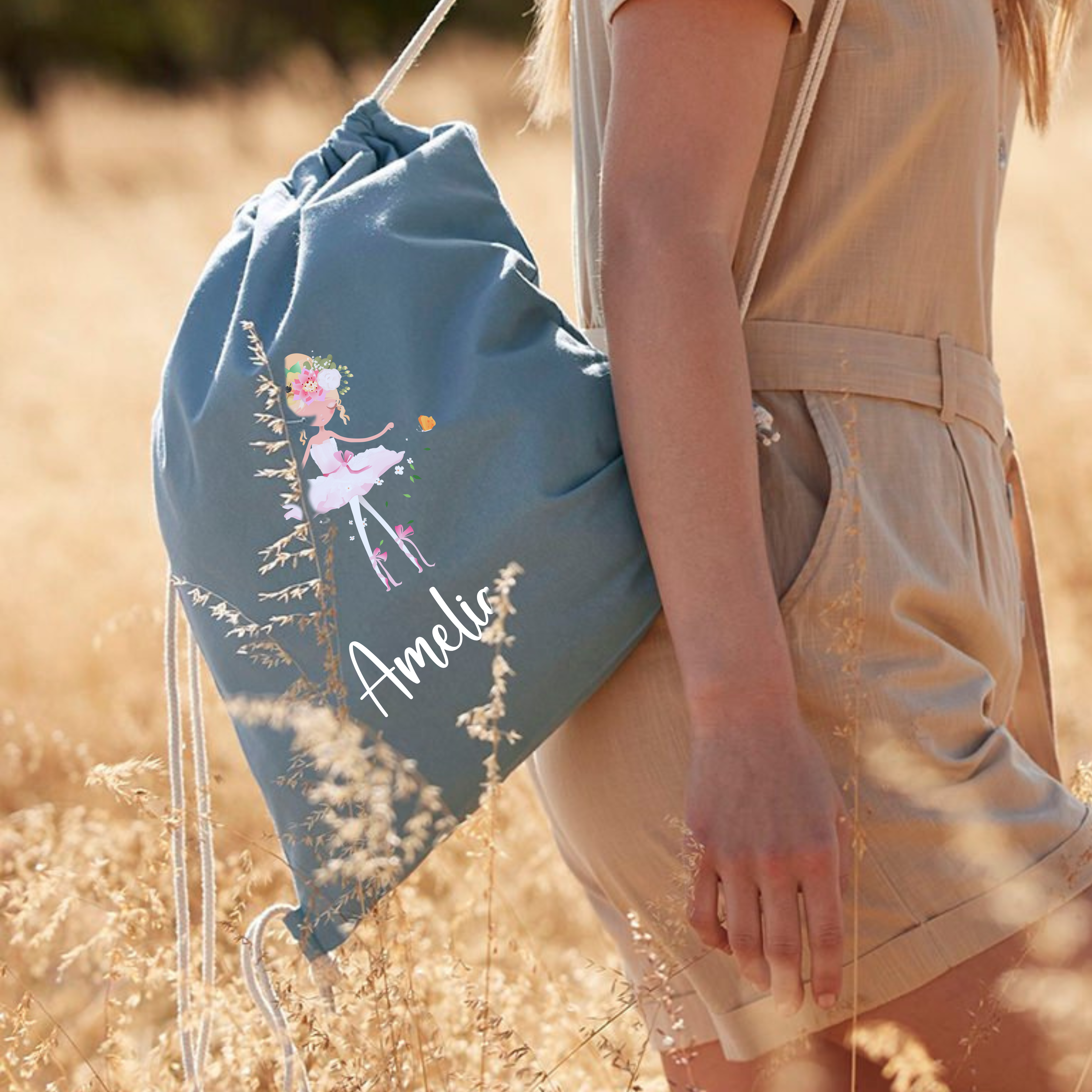 Ballerina Printed Personalised Name Cotton PE Drawstring Dance Bag Nursery