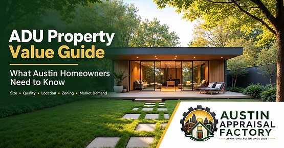 Modern Austin accessory dwelling unit with ADU property value factors and Austin Appraisal Factory logo