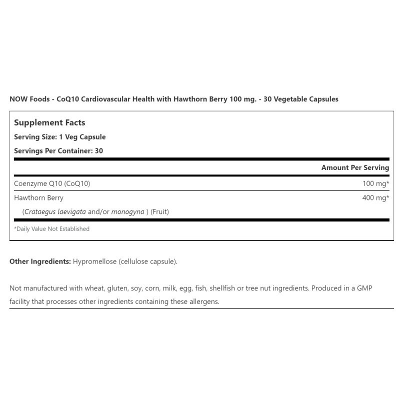 Miniaturebillede: NOW FOODS CoQ10 + Hawthorn Berry 100mg - 30 vcaps