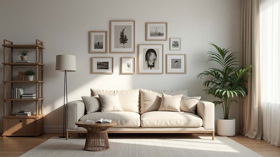 Eye-level view of a living room with an organized gallery wall