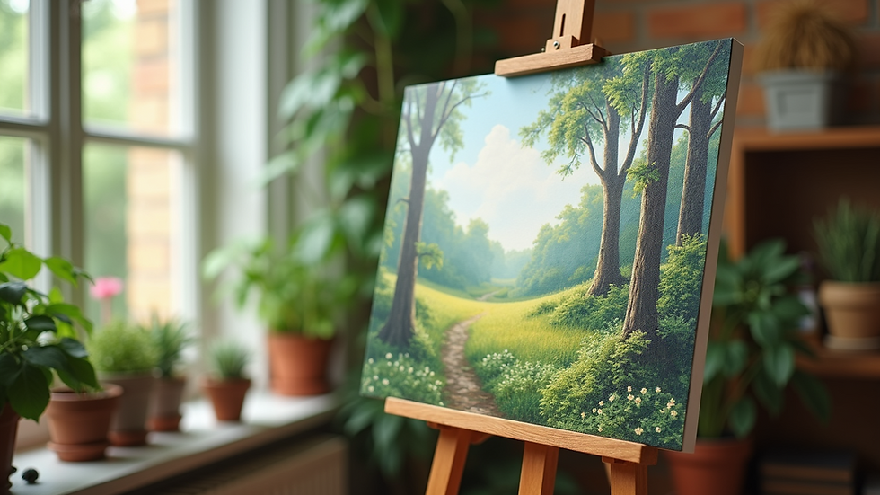High angle view of a peaceful nature-inspired painting on an easel