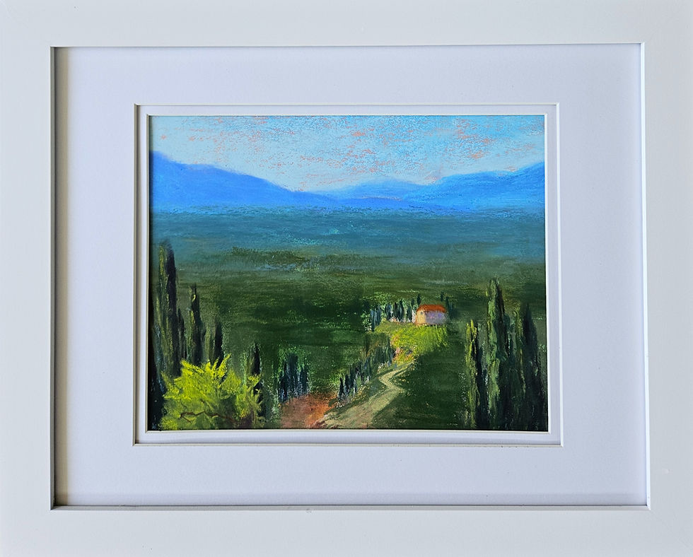 Eye-level view of a traditional wooden frame showcasing a vibrant pastel artwork