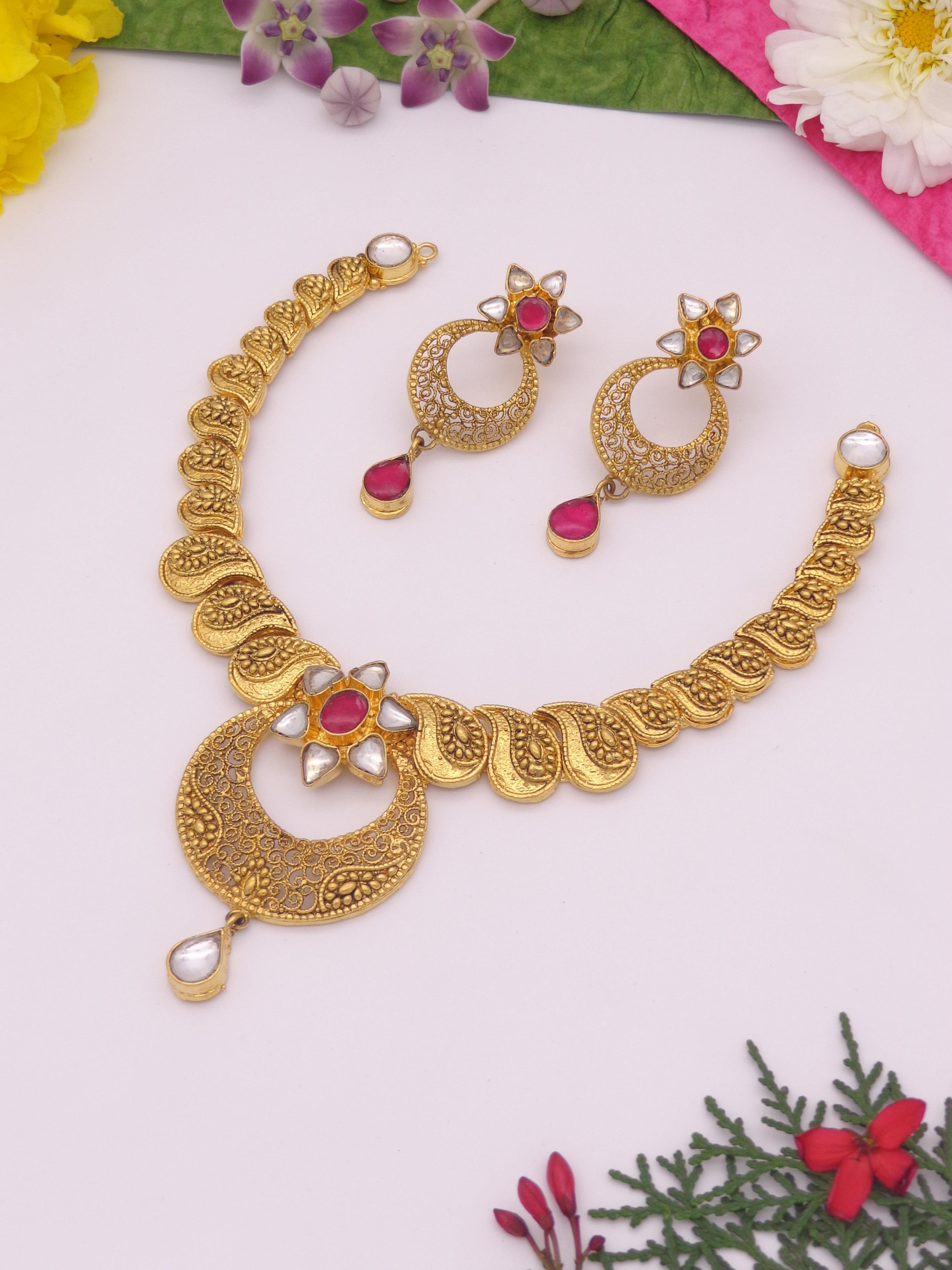 Nishu Gold 1 gram necklace set with pink stones