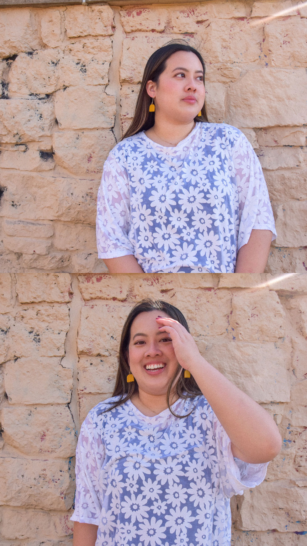 Eleanor is an Asian woman wearing a white daisy patterned top with short sleeves and her hair is blowing in the wind. There are two photos split