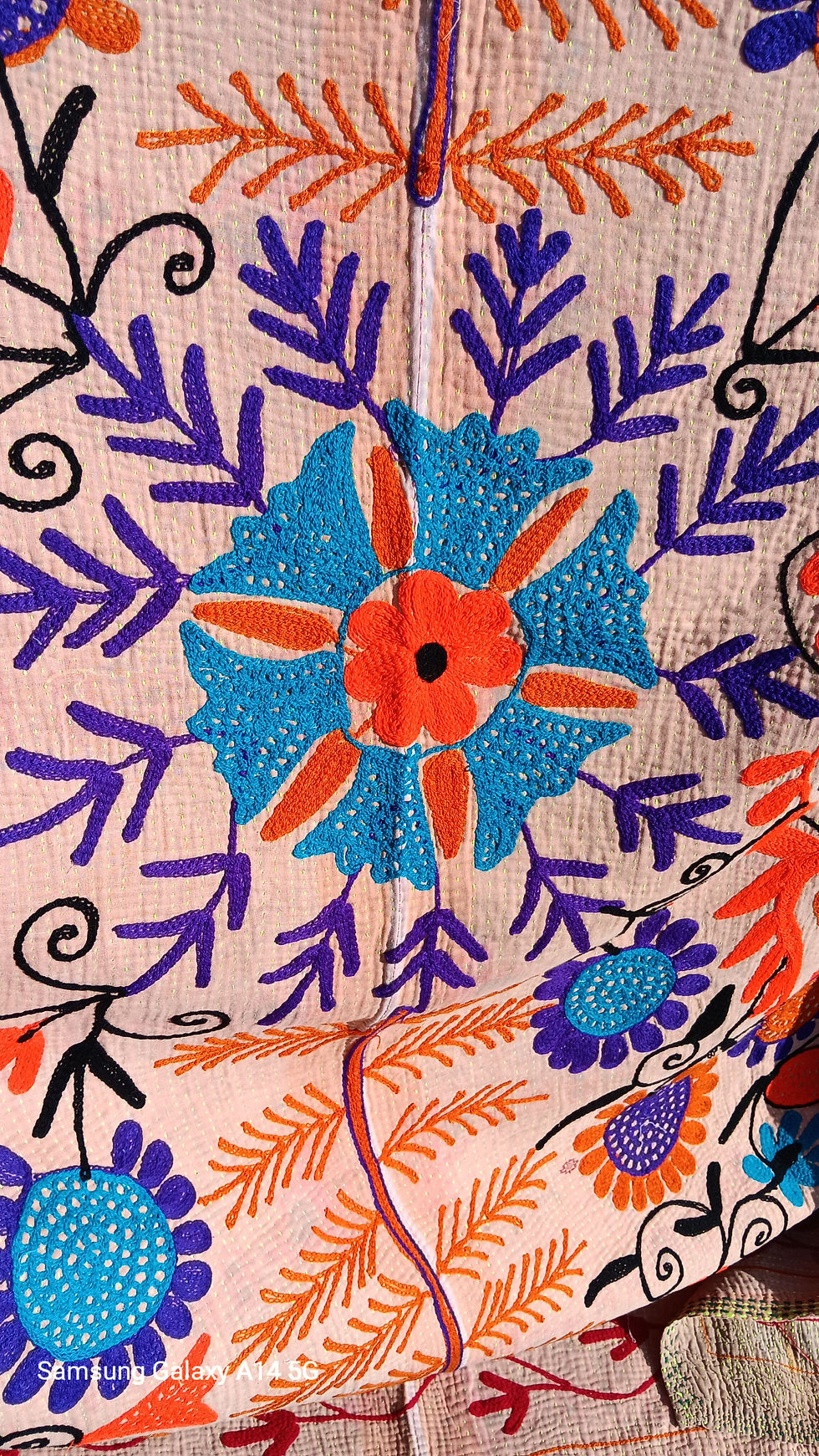 Miniature : Orange and Tourquoise Vintage Kantha with added suzani embroidery