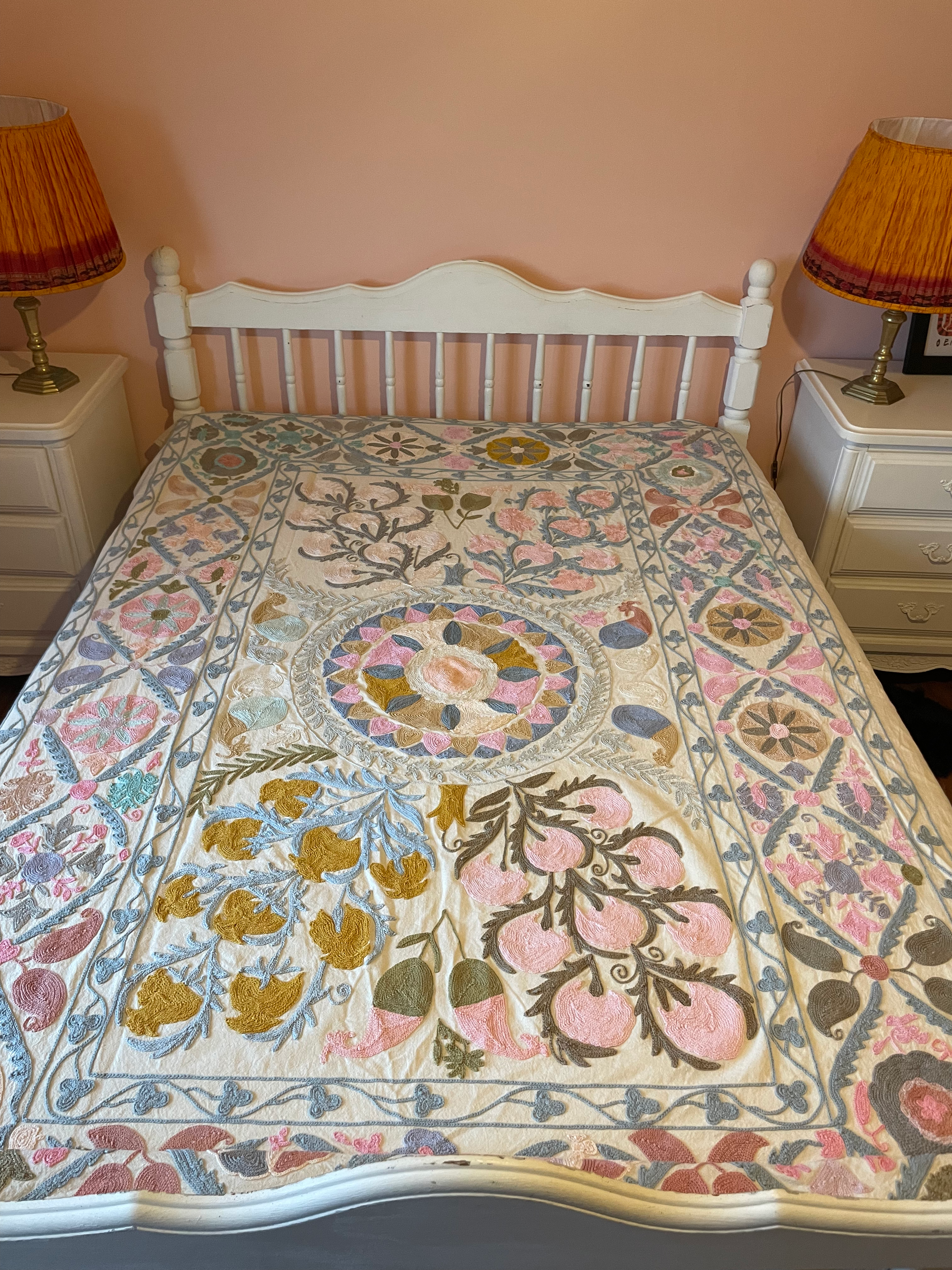 Hand stitched Suzani throw Soft Glow