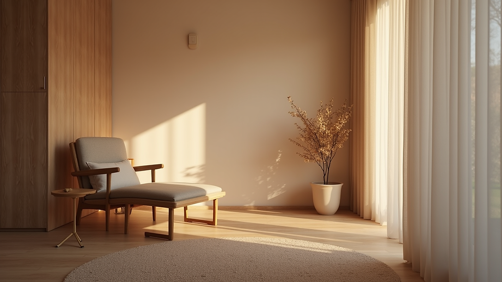 Eye-level view of a cozy therapy room with a comfortable chair and soft lighting