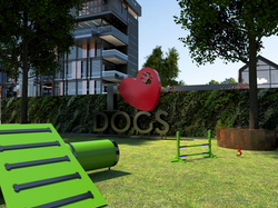 Dog park area looking towards 5 story bu