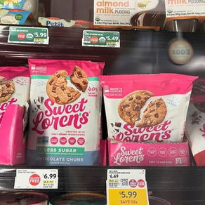 grocery store fridge section with various flavours of sweet Lorens gf cookie dough