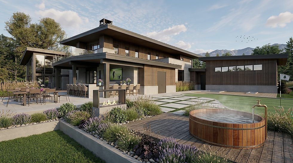 Lazy Creek luxury sports barn rear elevation featuring a private putting green, built-in outdoor BBQ, hot tub, expansive glazing, and motorized roller screens, creating a sophisticated indoor-outdoor living environment in Whitefish, Montana.