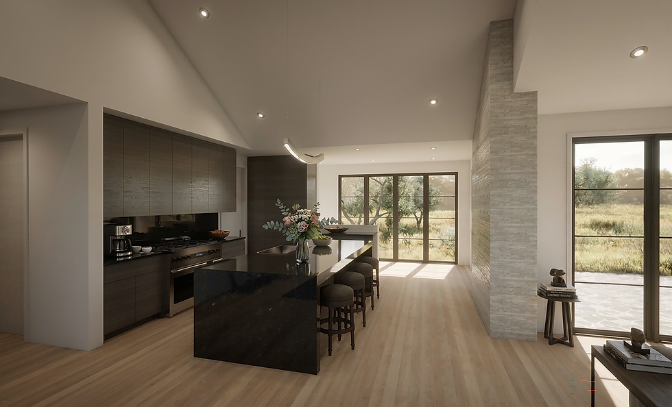 Valley View modern kitchen featuring refined contemporary cabinetry, natural stone surfaces, clean architectural detailing, and expansive glazing that fills the space with natural light and connects the interior to the surrounding Montana landscape.