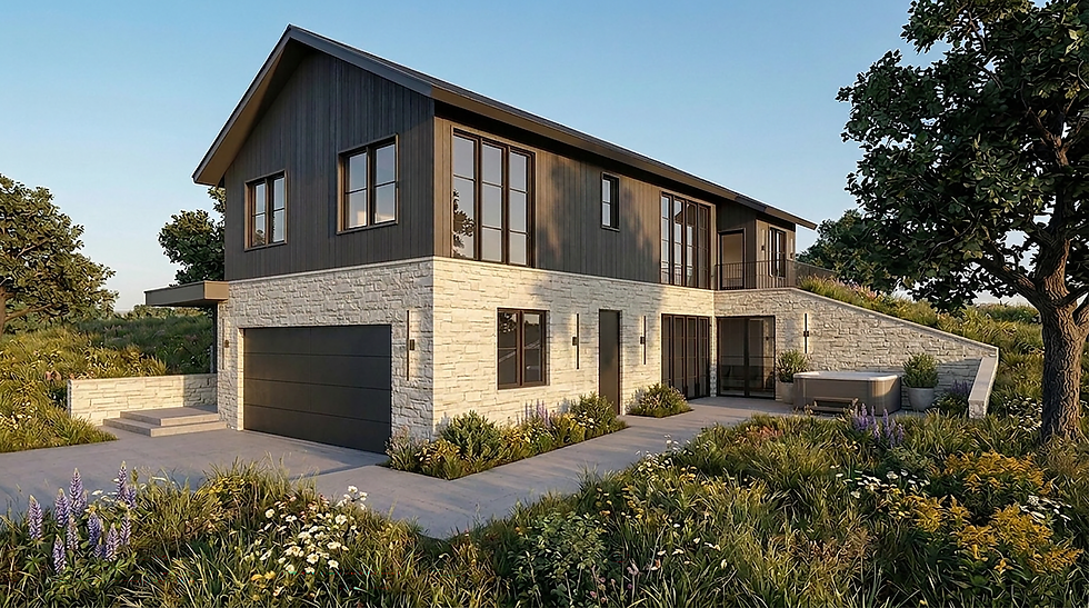 Valley View contemporary mountain home exterior featuring bold architectural forms, natural stone veneer, expansive glazing, and carefully integrated materials that respond to the surrounding Montana landscape and sweeping valley views.