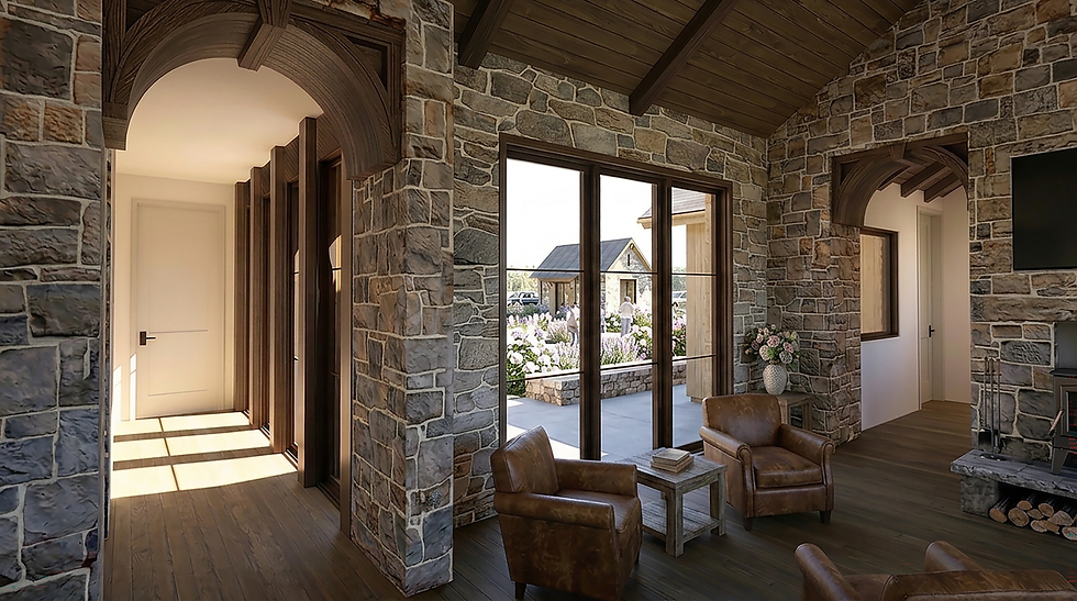Modern farmhouse interior featuring handcrafted wood arches, natural stone walls, warm wood detailing, and carefully crafted architectural elements that create a refined, welcoming Montana-inspired living space.
