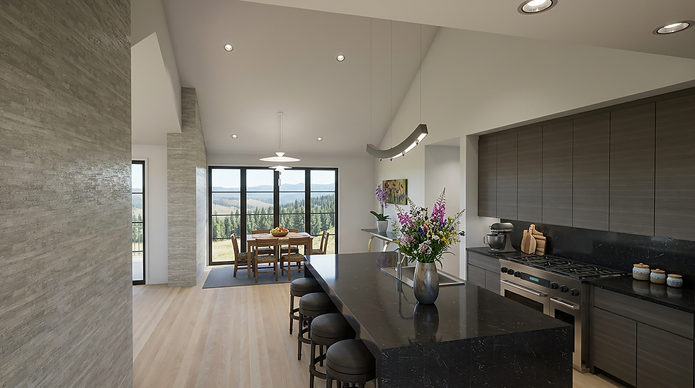 Valley View contemporary kitchen and dining area featuring a substantial natural stone island, expansive modern glazing, and a refined dining space overlooking sweeping valley views in Whitefish, Montana.