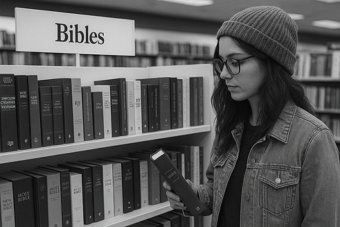 Young woman choosing a Bible.png