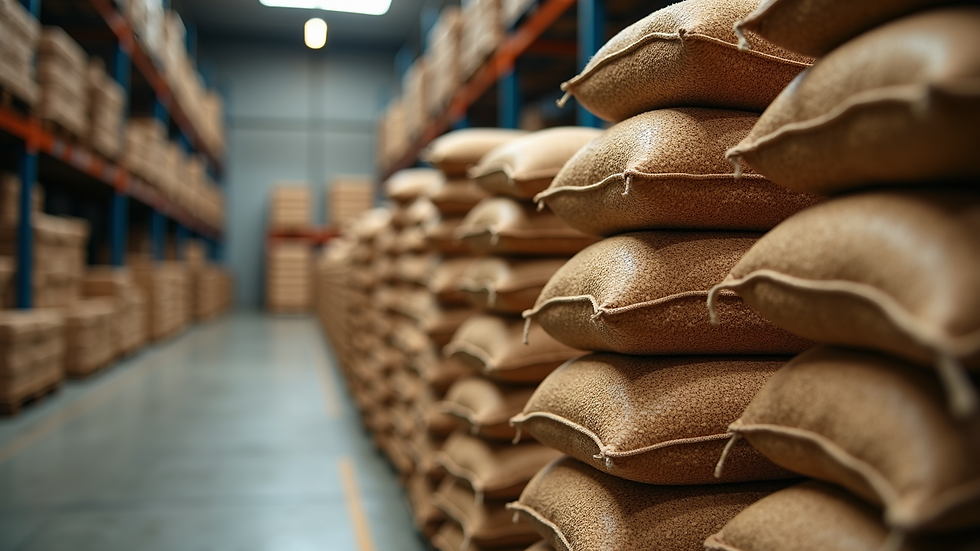 High angle view of hemp seed bags stacked in a warehouse