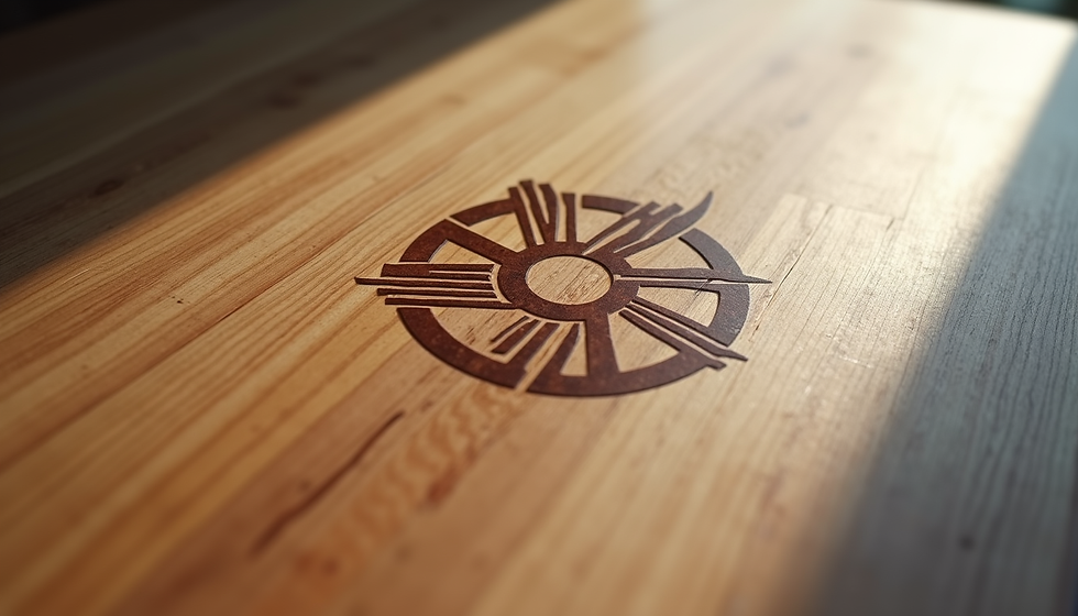 Minimal geometric emblem engraved on a wooden surface, symbolizing contemporary logo design, personal identity, storytelling, and modern emblem creation.