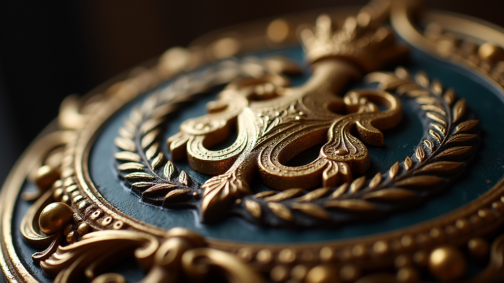 Close-up view of an intricately designed royal emblem