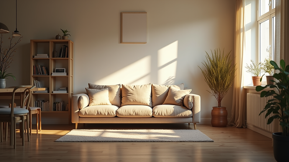 Eye-level view of a cozy living room with balanced light and shadow