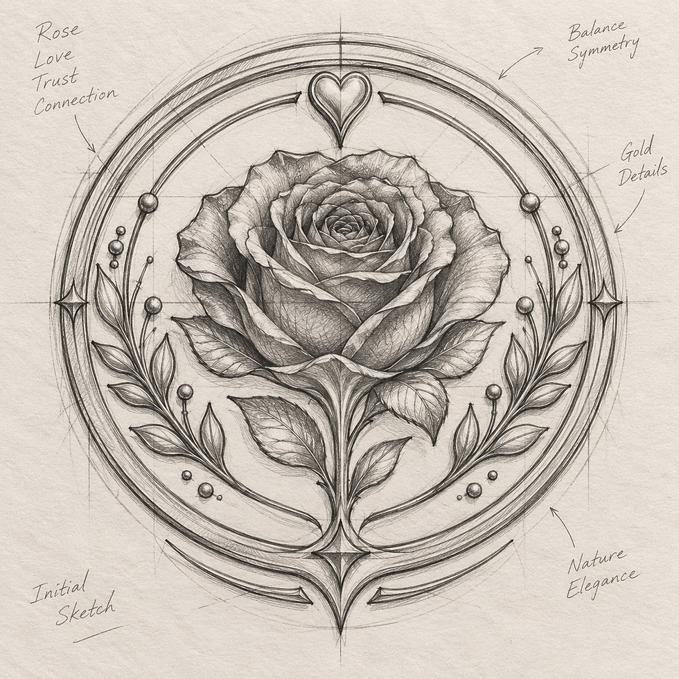 Pencil sketch of The Trusted Rose emblem featuring a central rose, heart, botanical details, and circular elements symbolizing love, trust, balance, and connection.