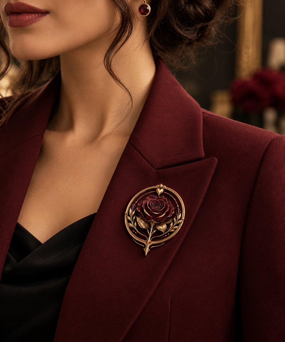 Burgundy rose and gold brooch displayed on the lapel of a women’s burgundy blazer.