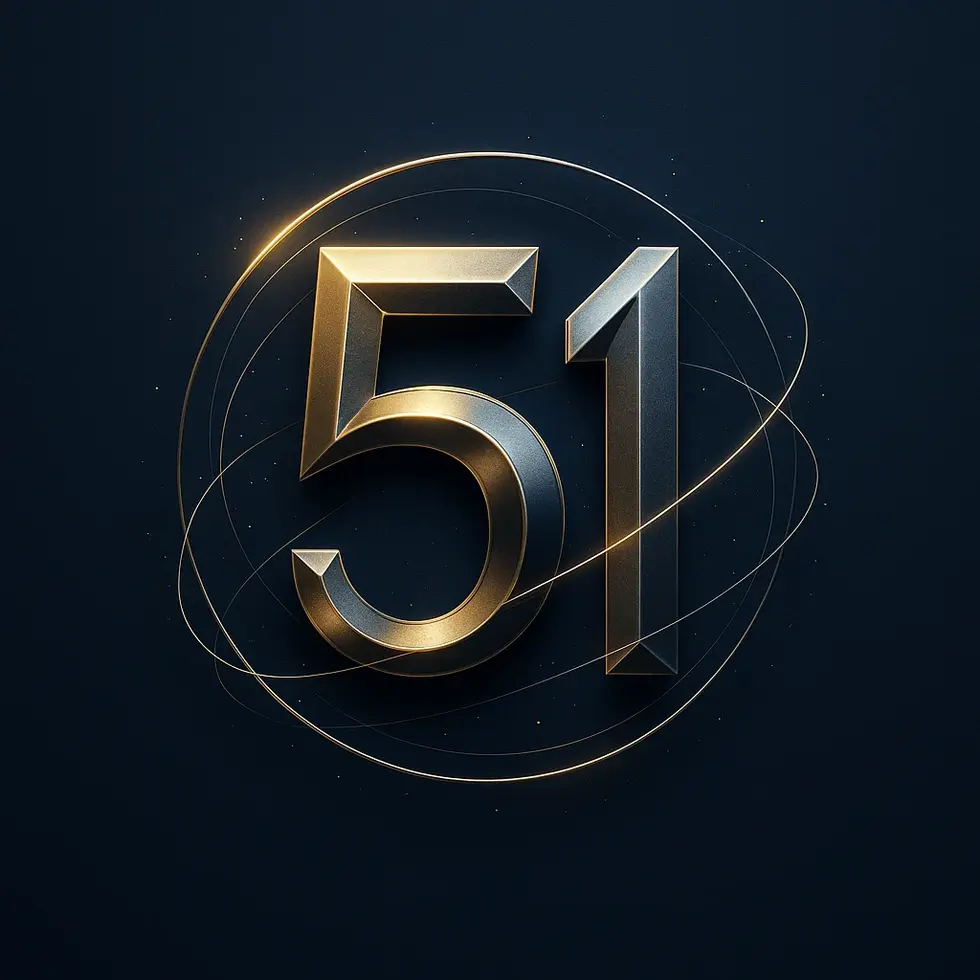 Metallic gold and silver “51” emblem with glowing orbital rings on a deep navy blue background, inspired by Tarkan’s Kuantum 51 album.