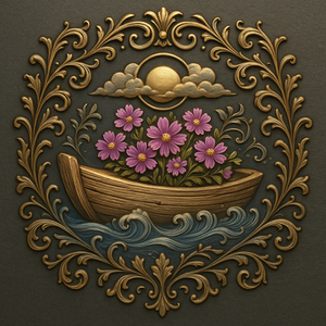
Embossed poetic family crest featuring a wooden log-boat with pink and purple flowers, decorative river waves, a radiant golden sun with soft clouds, framed by ornamental vines, in matte and glossy metallic tones.