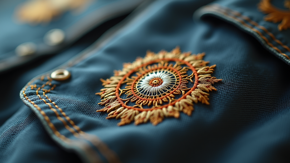 Close-up view of embroidered family emblem on fabric