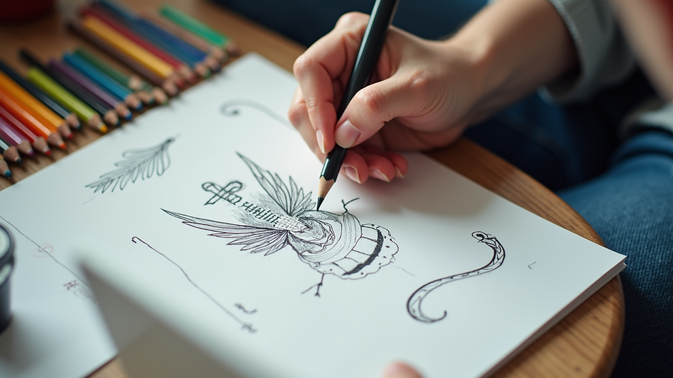 High angle view of a designer working on symbol sketches with colored pencils