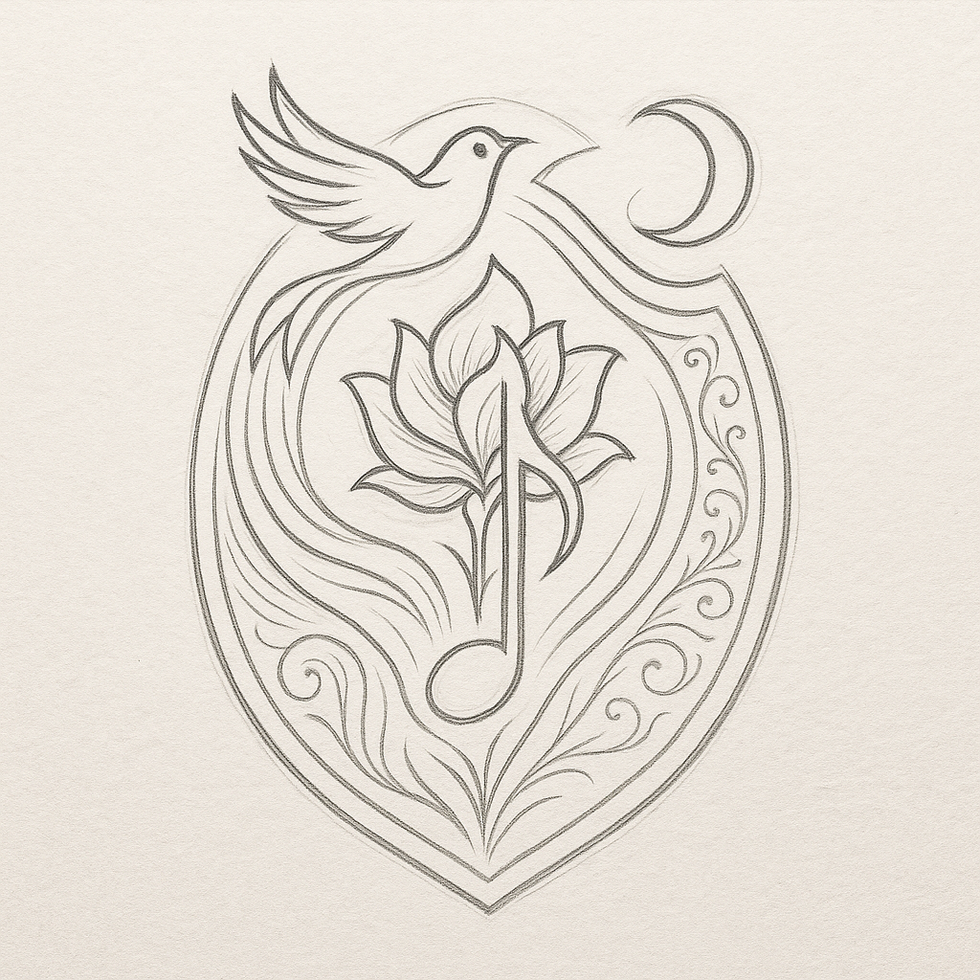 A detailed pencil sketch of an emblem showing a rose combined with a musical note, curved ornamental lines, and a nightingale flying toward a crescent moon. The black-and-white drawing is on textured off-white paper, emphasizing depth, tradition, and artistic intent.