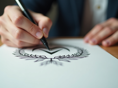  Close-up view of a hand drawing a family emblem on paper, symbolizing the creative process behind custom family crest design.