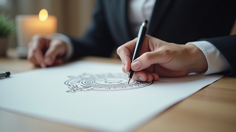Close-up view of a hand drawing a family emblem on paper