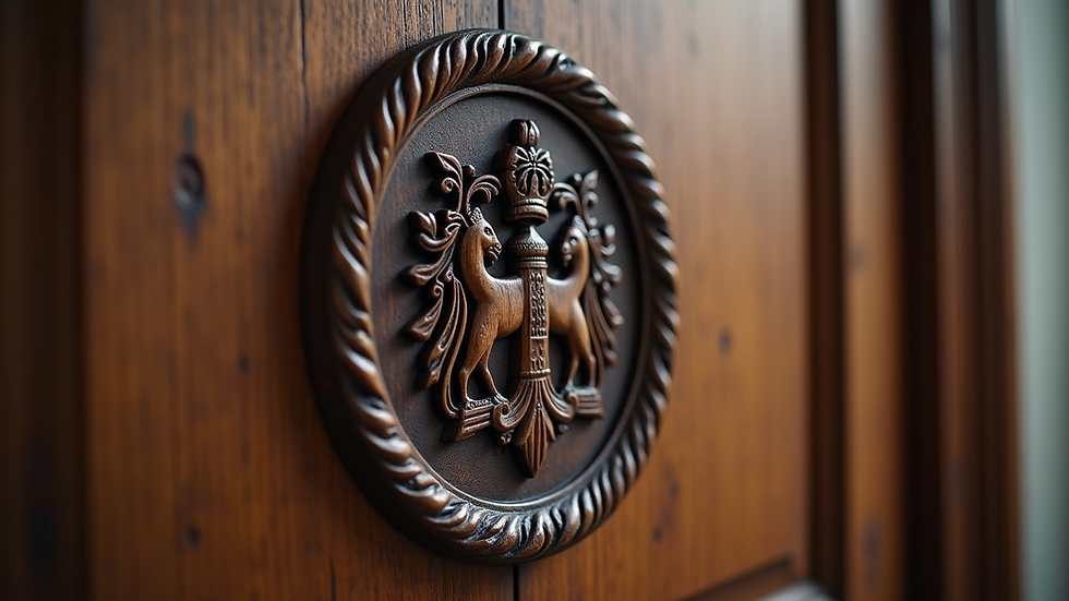 Close-up view of a carved wooden family crest on a door
